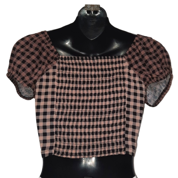 Gingham Corset Puff Sleeve Top Boho Cottage Coquette Y2K Prairie Crop Fairy M - Picture 2 of 8